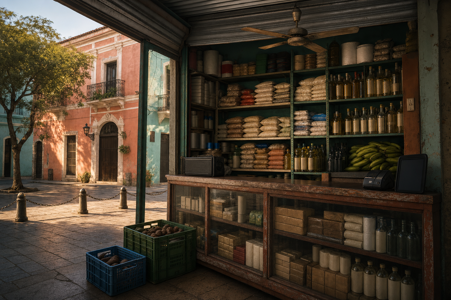 The open-shuttered Don Ramón colmado at sunrise, with floor-to-ceiling provisions, blank bottles, plantains, a worn counter, radio, fan, and quiet colonial plaza.