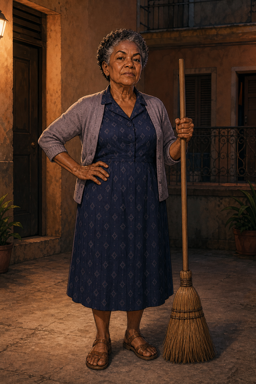 Full-body character reference showing Doña Carmen in an indigo house dress and cardigan, standing with a household broom and compact authority.