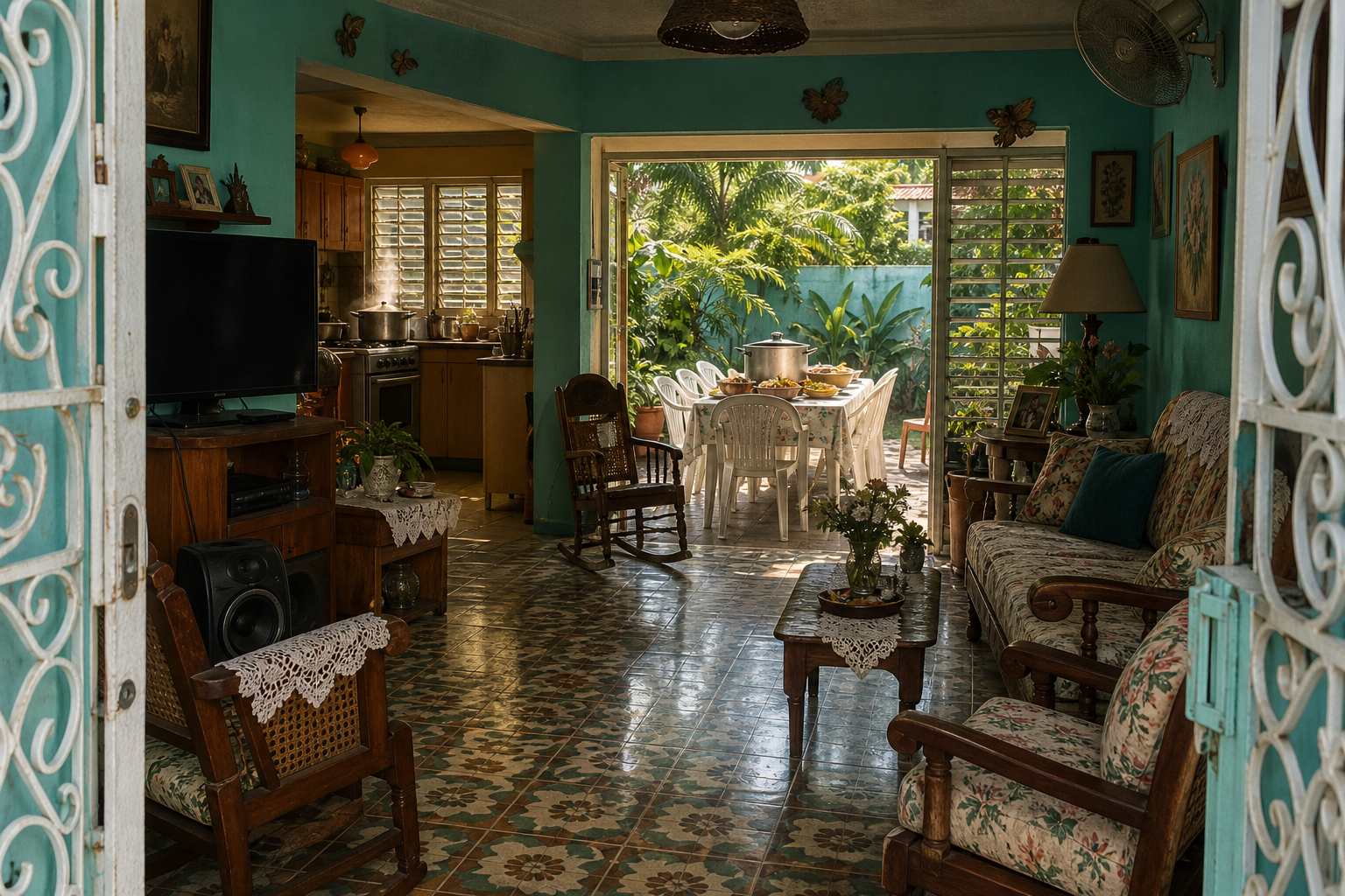 The turquoise Los Prados home of Doña Tata seen through its open gate, with patterned tile, floral furniture, a steaming kitchen, and a backyard table set around a large pot of sancocho.