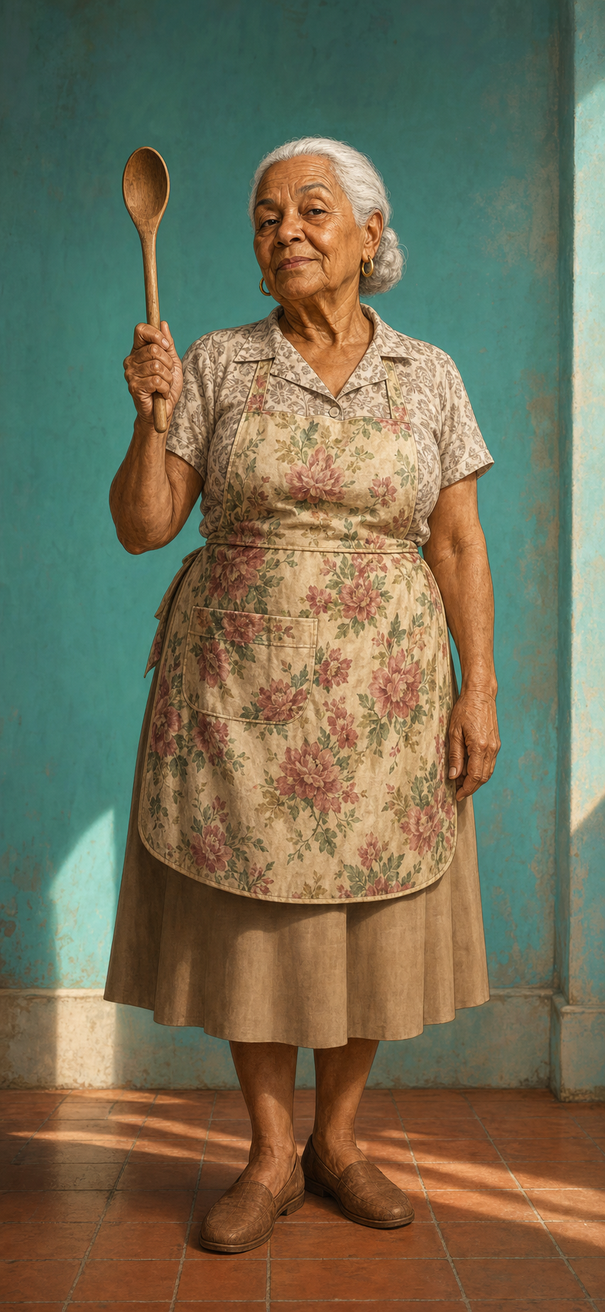 Full-body character reference showing Doña Tata with a tight white bun, floral apron, wooden spoon, and an observant, commanding expression.