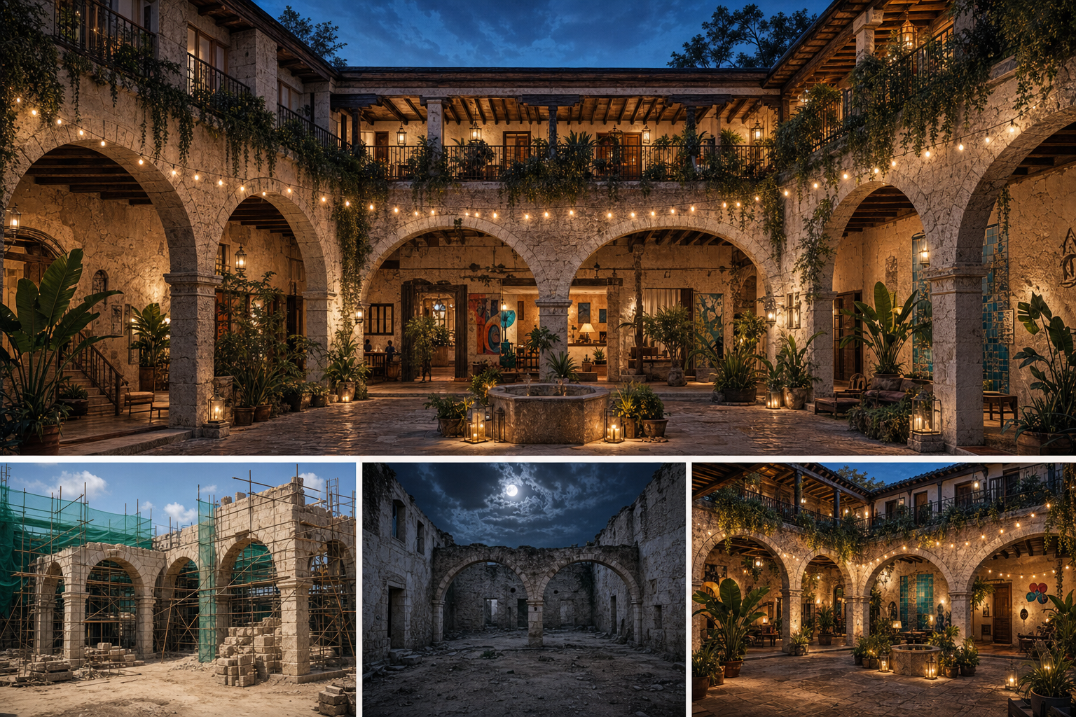 Environment board showing Hotel San Nicolás as a construction skeleton, moonlit ruins, and a restored limestone courtyard glowing with string lights.