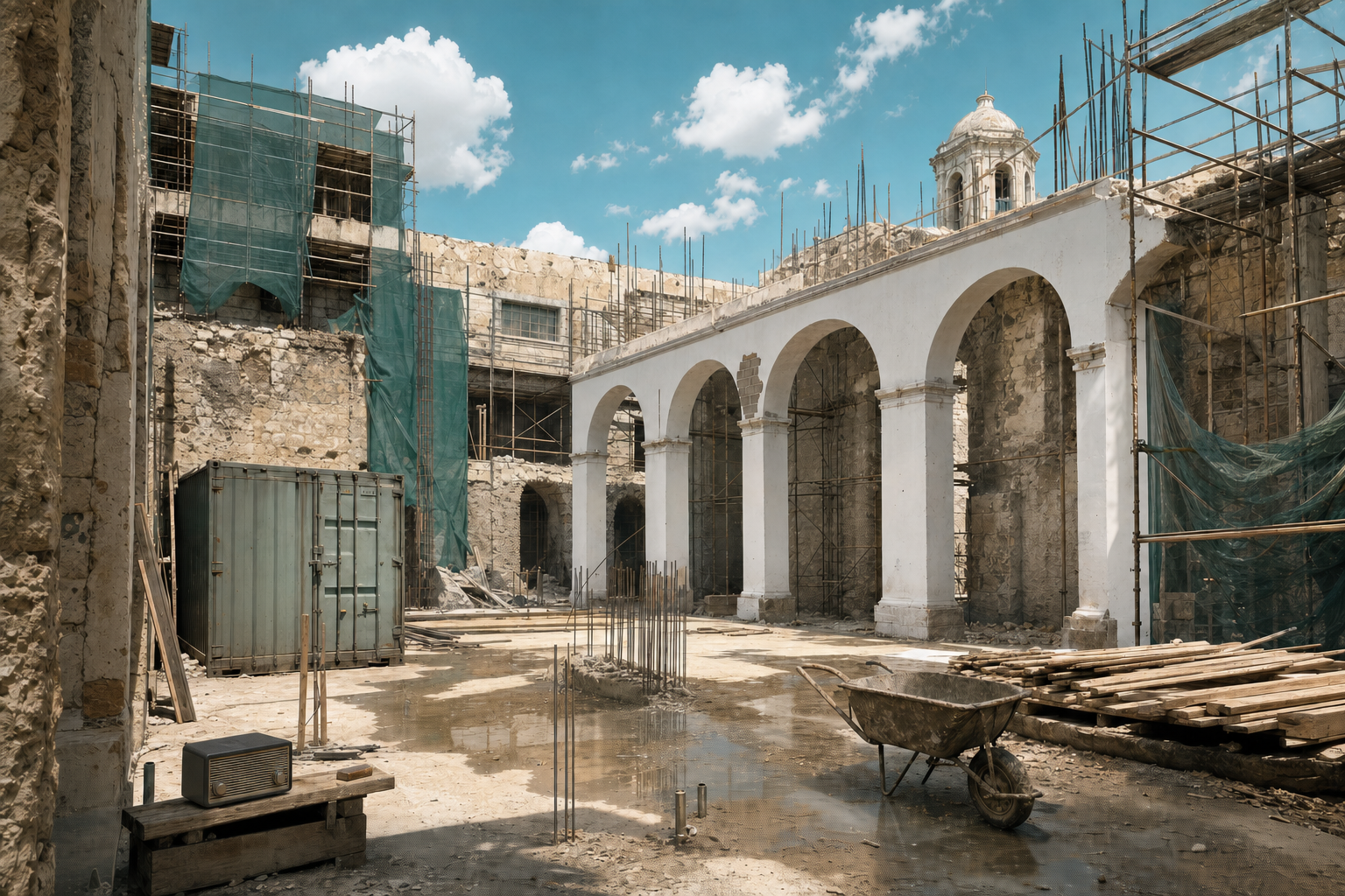 The early Hotel San Nicolás construction courtyard with coral-stone walls, green mesh, scaffolding, wet concrete, white plaster arches revealing gray cinder block, and a locked site container.
