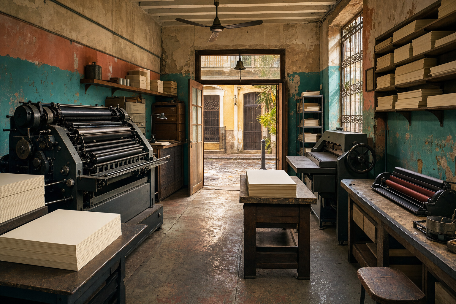 A warm, weathered Imprenta Mercedes interior with unmarked offset presses, blank paper stacks, turquoise walls, and Calle Sánchez beyond the open door.