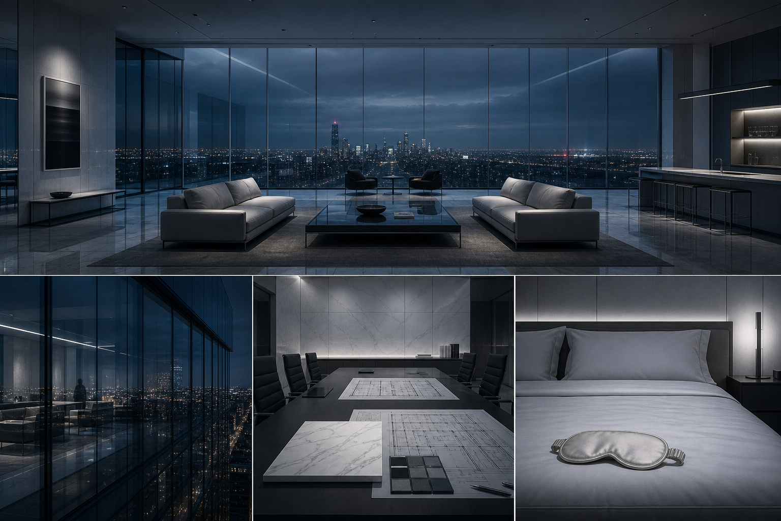 Environment board showing a cold symmetrical glass high-rise interior, reflected skyline, severe conference room, and immaculate bedroom.