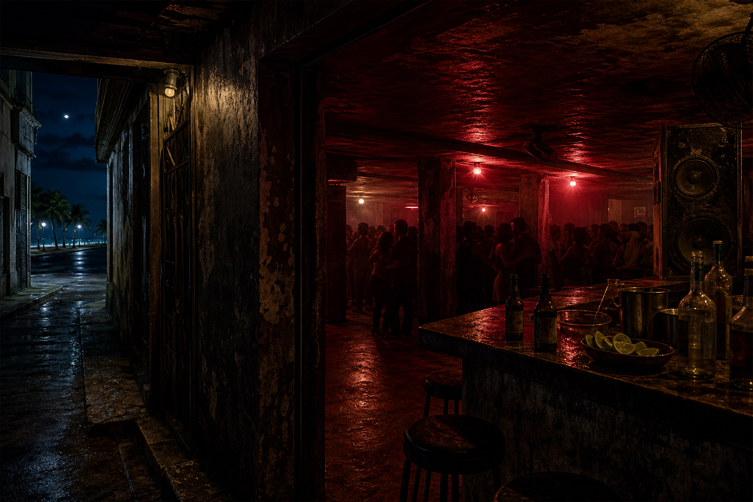 La Cueva dance bar near the Malecón, with a rain-dark street outside, low sweating ceilings, red lights, blank bottles, old speakers, and a crowded bachata floor in silhouette.