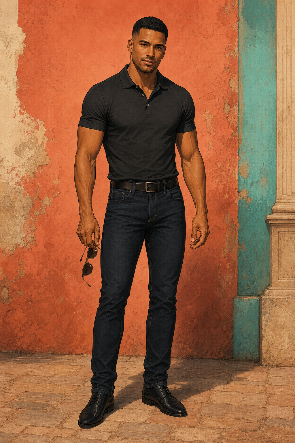 Full-body character reference showing Mateo in a fitted charcoal polo, dark jeans, black dance shoes, and sunglasses held at his side.