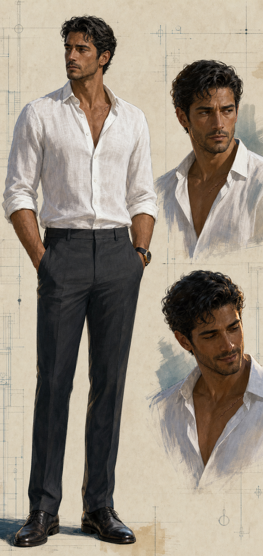 Max in a white linen shirt and charcoal trousers, shown with guarded and warmer expressions.