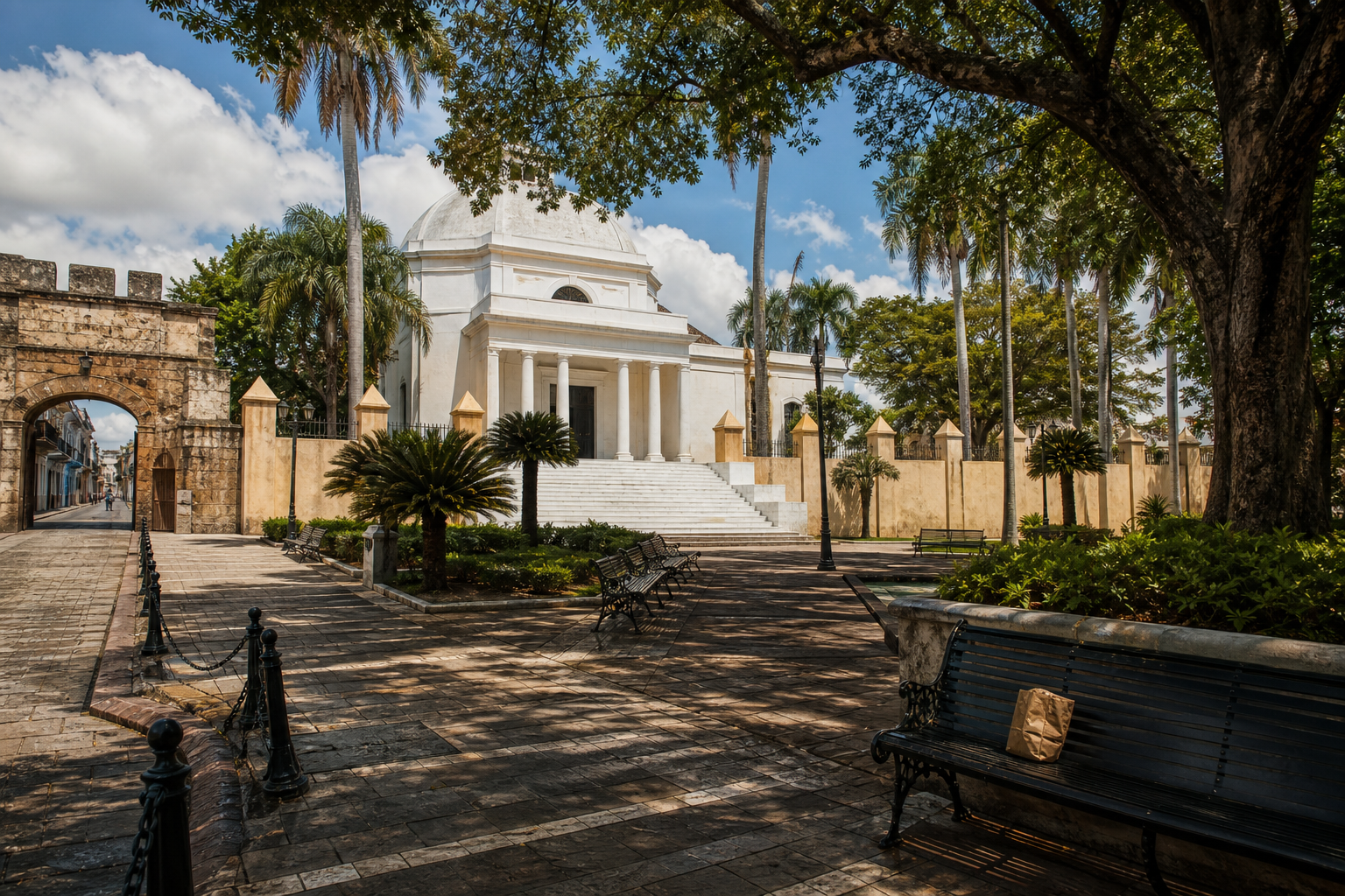 Parque Independencia in Santo Domingo with the correct white Altar de la Patria mausoleum, Puerta del Conde, royal palms, shaded benches, and a simple paper food bag.