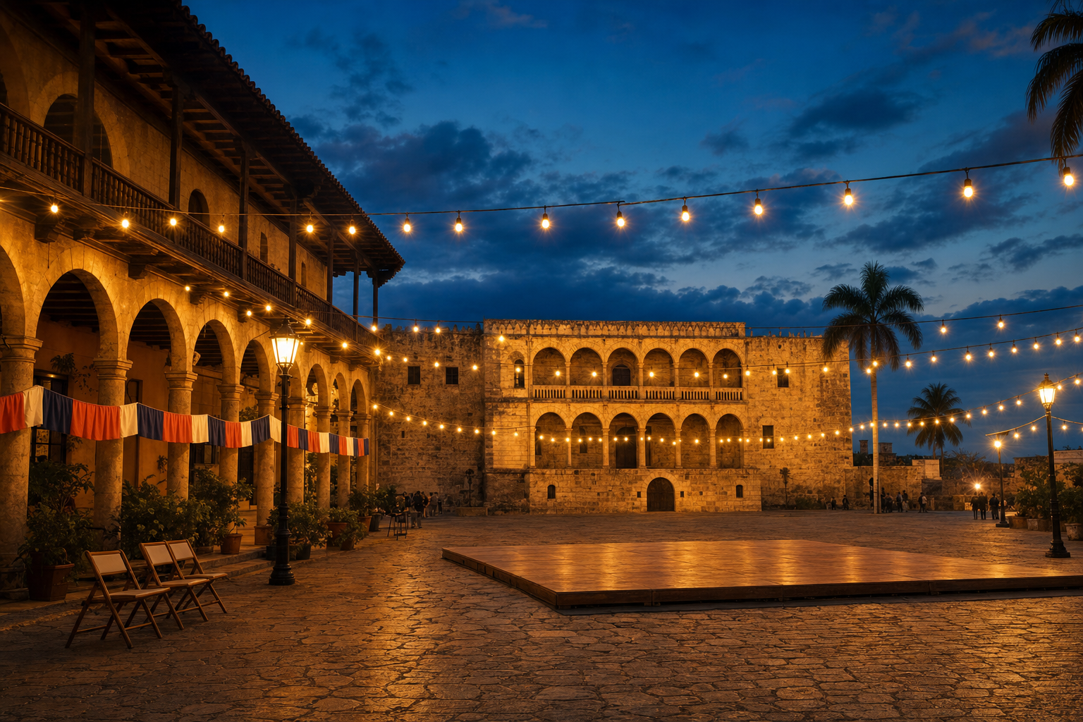 Plaza de España at blue hour, with the Alcázar de Colón, warm festival lights, an empty wooden dance floor, and the broad stone square.