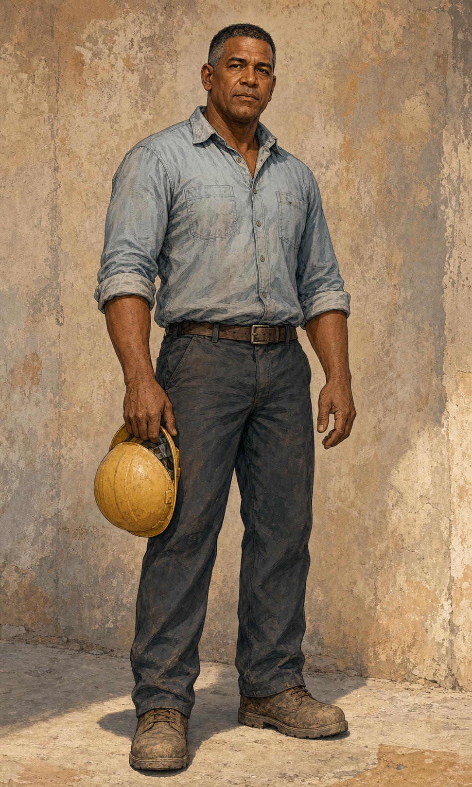 Full-body character reference showing Raúl in a rolled-sleeve blue-gray work shirt, dark work trousers, scuffed boots, and a plain yellow hard hat.