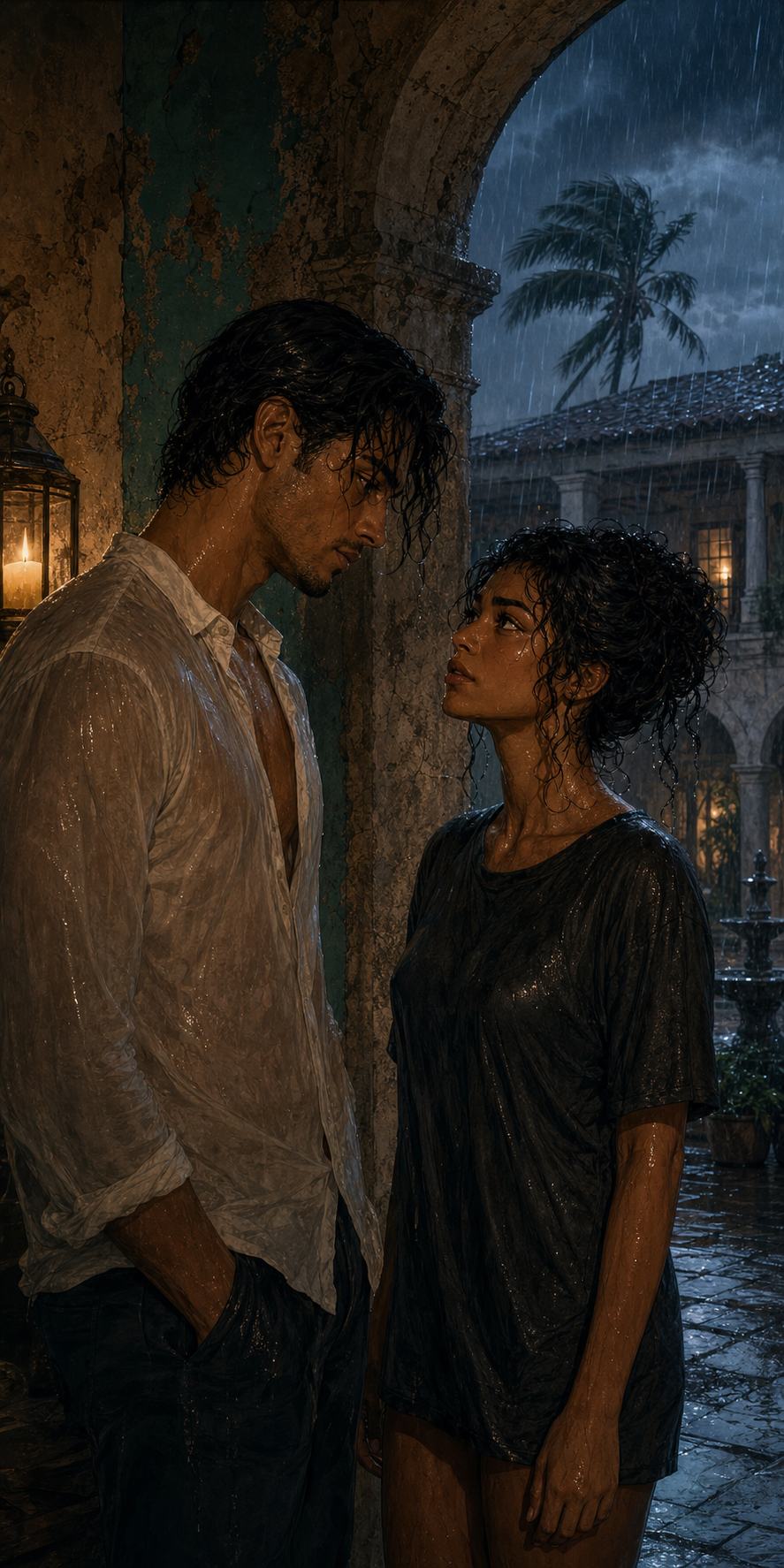Max and Sofía stand close beneath a worn stone arch during a tropical storm, lit by candlelight and blue rain.