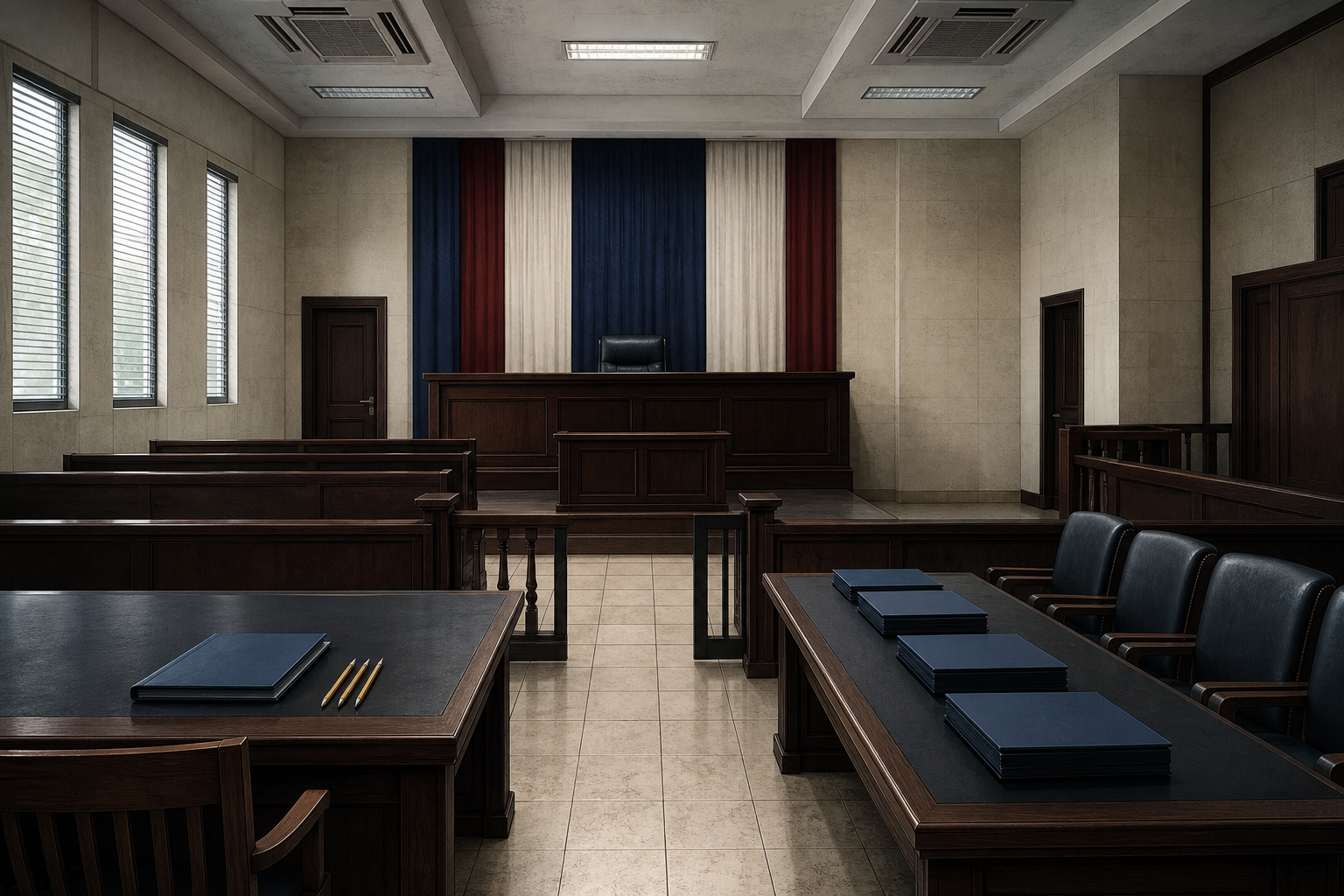 A cold Santo Domingo civil courtroom with tiled floor, dark tropical hardwood, practical air-conditioning, three sharpened pencils at one counsel table, and stacks of blank navy folders across the aisle.