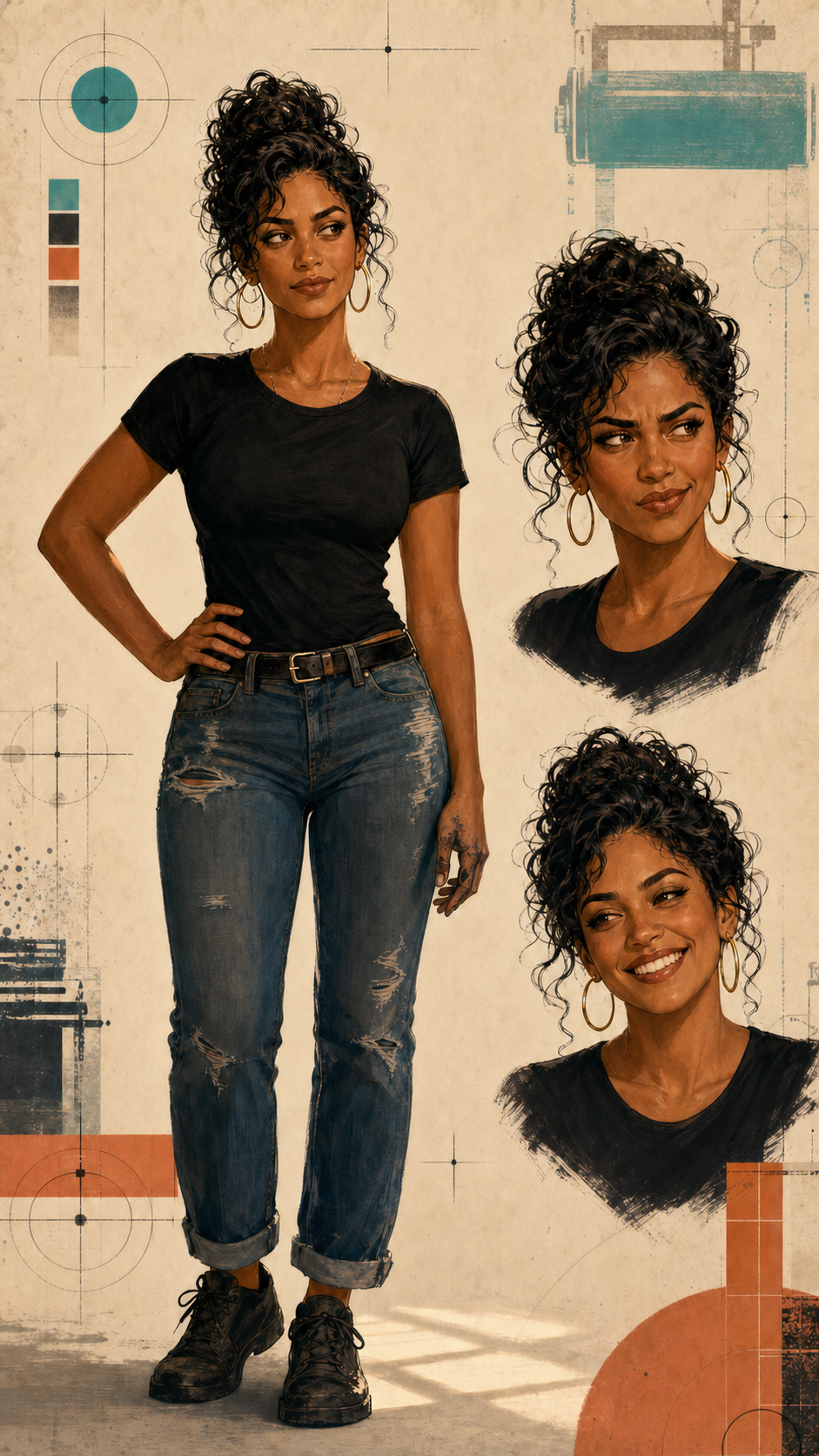 Sofía with natural curls, hoop earrings, a black work shirt, and an alert, self-possessed expression.