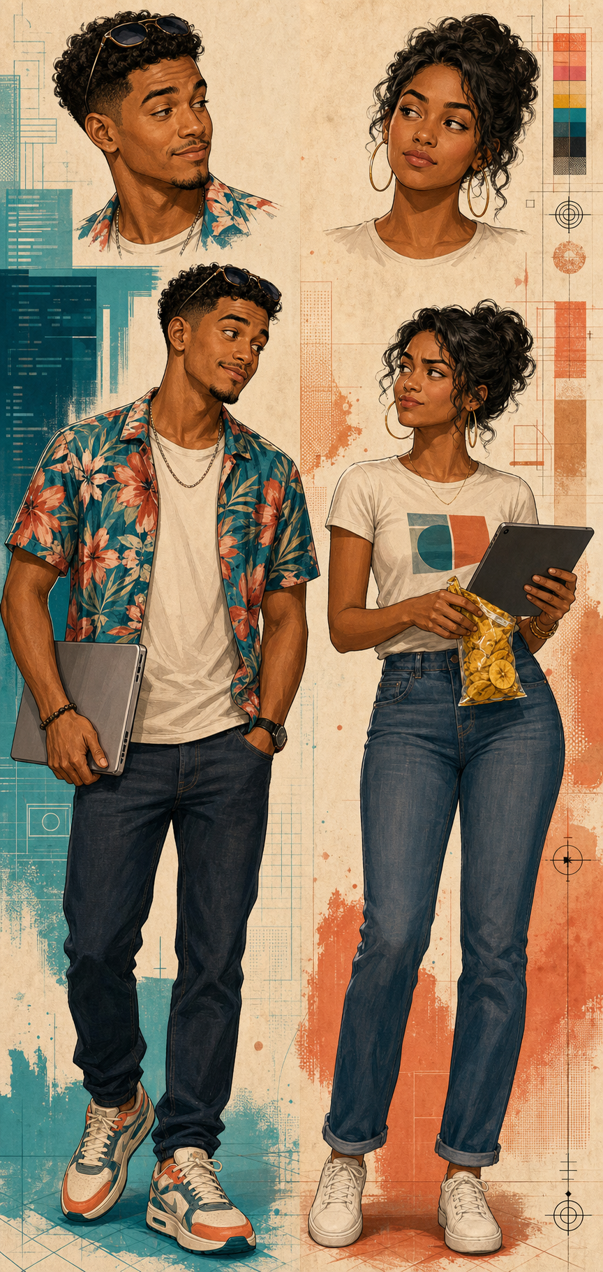Paired character reference showing Tony with a laptop and floral overshirt beside Yulissa with a tablet and plantain chips.