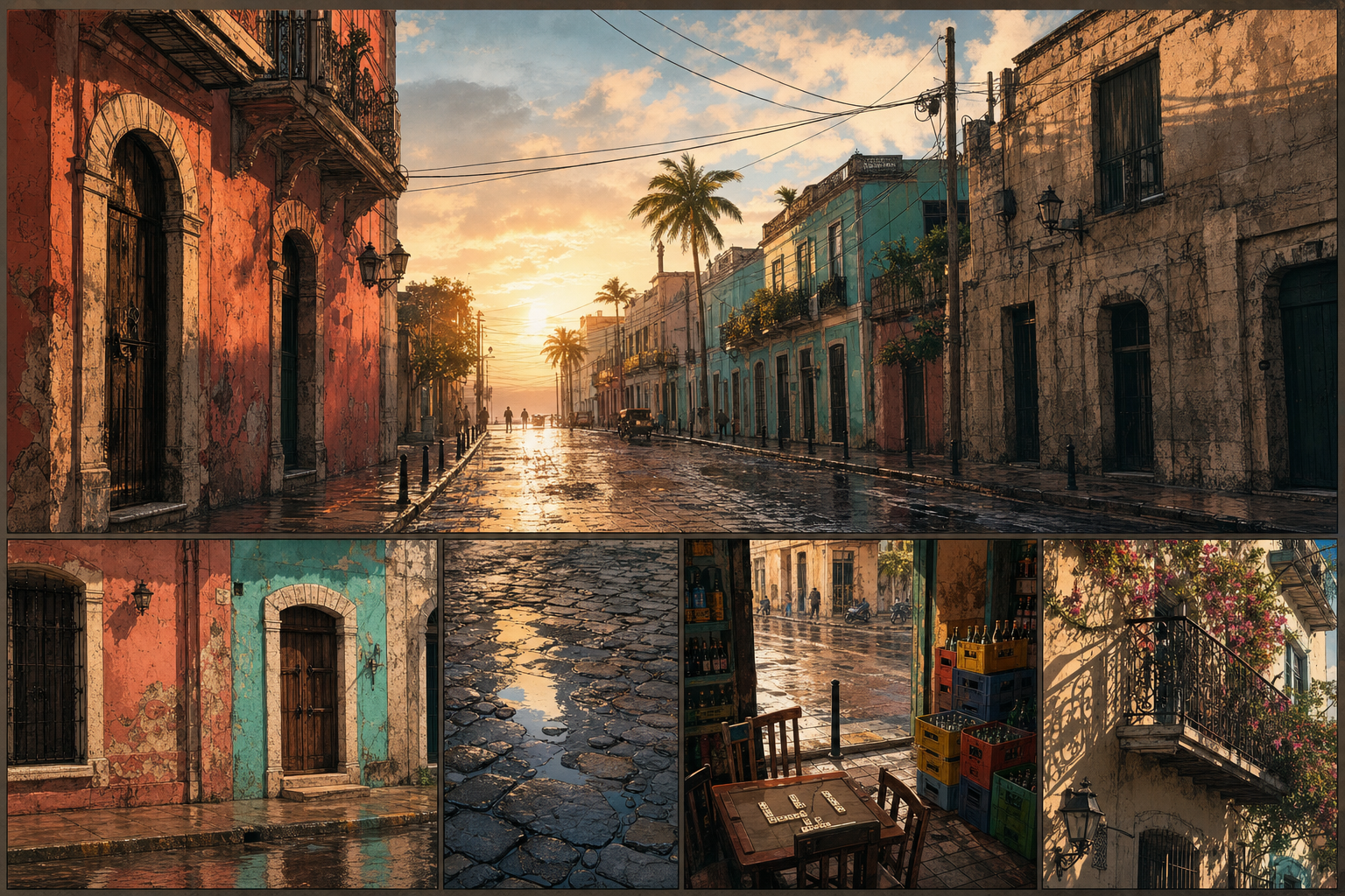 Environment board showing a rain-wet Zona Colonial street at sunrise with colorful facades, cobblestones, a colmado threshold, and iron balconies.